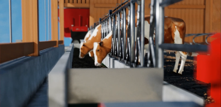 3D model rendering of the Feedstar feeding system showing mixer, conveyor, and feeding cattle
