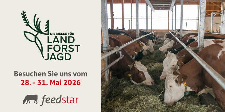 Eventbanner mit Daten der Land Forst Jagd Messe in Wieselburg und Bild von feedstar Futterband an dem Kühe fressen
